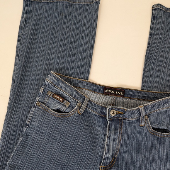 Gasoline Pinstriped Denim Jeans Flare Bootcut Mid Rise Low Y2K - Picture 5 of 8